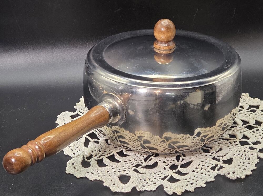 Vintage 1970s MCM Stainless Steel Fondue Sauce Pot Turned Wood Accents